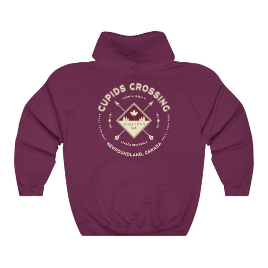 Cupids Crossing, Newfoundland.  Canada.  Cream on Maroon, Pull-over Hoodie, Hooded Sweater Shirt, Gender Neutral.-SMALL TOWN RAG