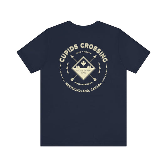 Cupids Crossing, Newfoundland.  Canada. Cream on Navy, Gender Neutral, T-shirt, Designed by Small Town Rag.-SMALL TOWN RAG