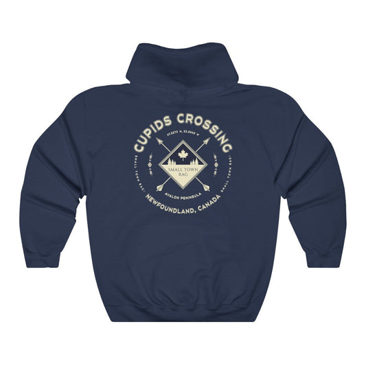 Cupids Crossing, Newfoundland.  Canada.  Cream on Navy, Pull-over Hoodie, Hooded Sweater Shirt, Gender Neutral.-SMALL TOWN RAG