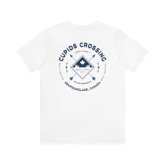 Cupids Crossing, Newfoundland.  Canada. Navy on White, Gender Neutral, T-shirt, Designed by Small Town Rag.-SMALL TOWN RAG