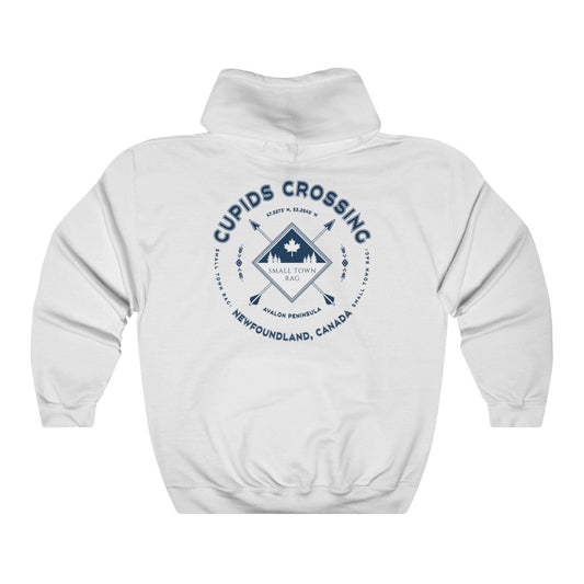 Cupids Crossing, Newfoundland.  Canada.  Navy on White, Pull-over Hoodie, Hooded Sweater Shirt, Gender Neutral.-SMALL TOWN RAG