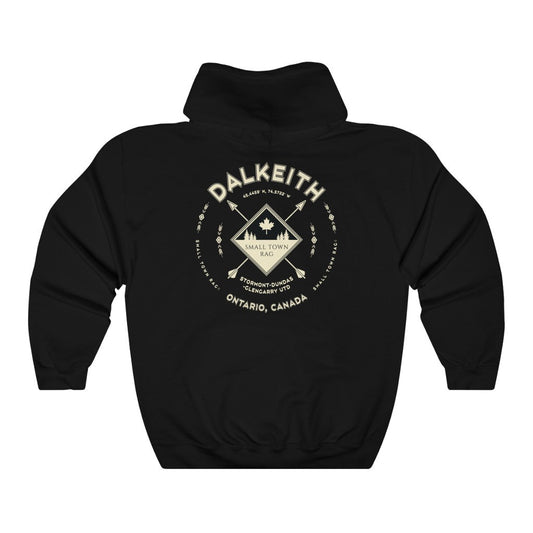 Dalkeith, Ontario.  Canada.  Cream on Black, Pull-over Hoodie, Hooded Sweater Shirt, Gender Neutral.-SMALL TOWN RAG