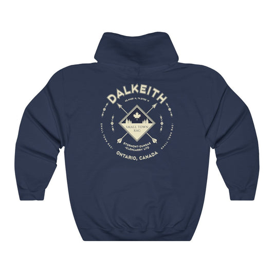 Dalkeith, Ontario.  Canada.  Cream on Navy, Pull-over Hoodie, Hooded Sweater Shirt, Gender Neutral.-SMALL TOWN RAG