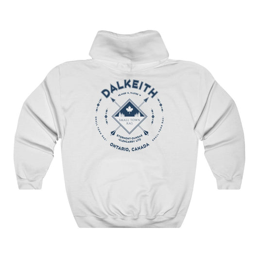 Dalkeith, Ontario.  Canada.  Navy on White, Pull-over Hoodie, Hooded Sweater Shirt, Gender Neutral.-SMALL TOWN RAG