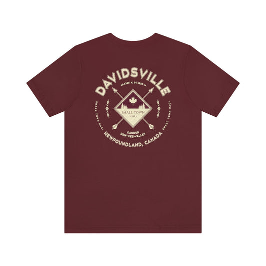 Davidsville, Newfoundland.  Canada. Cream on Maroon, Gender Neutral, T-shirt, Designed by Small Town Rag.-SMALL TOWN RAG