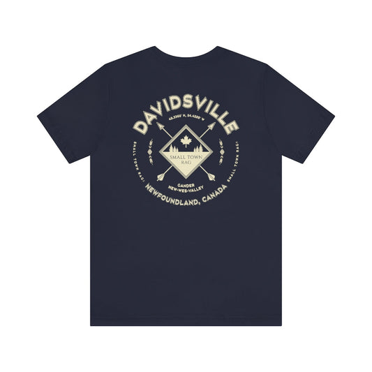 Davidsville, Newfoundland.  Canada. Cream on Navy, Gender Neutral, T-shirt, Designed by Small Town Rag.-SMALL TOWN RAG