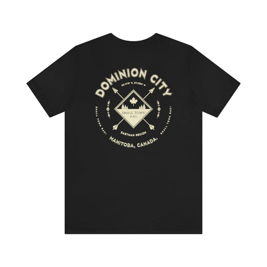 Dominion City, Manitoba.  Canada. Cream on Black, Gender Neutral, T-shirt, Designed by Small Town Rag.-SMALL TOWN RAG