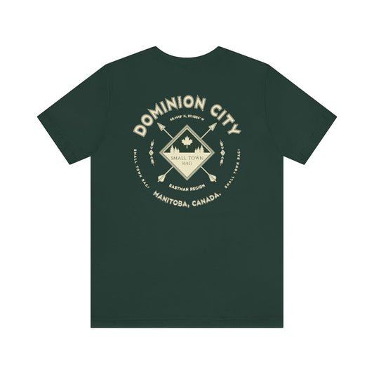 Dominion City, Manitoba.  Canada. Cream on Forest Green, Gender Neutral, T-shirt, Designed by Small Town Rag.-SMALL TOWN RAG