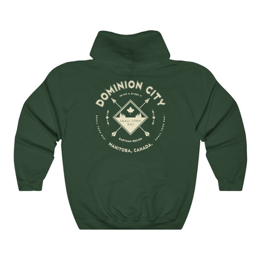 Dominion City, Manitoba.  Canada.  Cream on Forest Green, Pull-over Hoodie, Hooded Sweater Shirt, Gender Neutral.-SMALL TOWN RAG