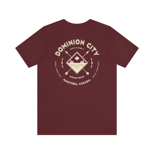 Dominion City, Manitoba.  Canada. Cream on Maroon, Gender Neutral, T-shirt, Designed by Small Town Rag.-SMALL TOWN RAG