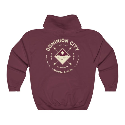 Dominion City, Manitoba.  Canada.  Cream on Maroon, Pull-over Hoodie, Hooded Sweater Shirt, Gender Neutral.-SMALL TOWN RAG