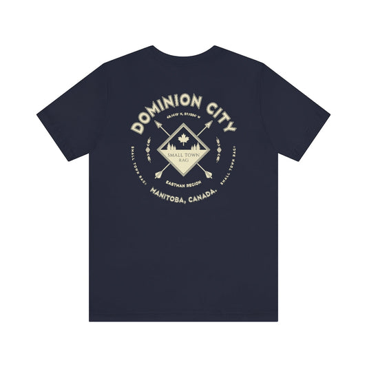Dominion City, Manitoba.  Canada. Cream on Navy, Gender Neutral, T-shirt, Designed by Small Town Rag.-SMALL TOWN RAG