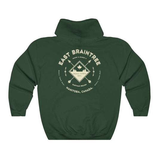 East Braintree, Manitoba.  Canada.  Cream on Forest Green, Pull-over Hoodie, Hooded Sweater Shirt, Gender Neutral.-SMALL TOWN RAG