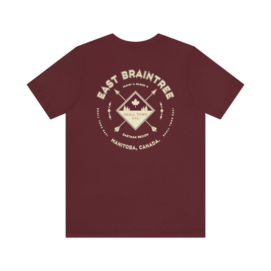 East Braintree, Manitoba.  Canada. Cream on Maroon, Gender Neutral, T-shirt, Designed by Small Town Rag.-SMALL TOWN RAG