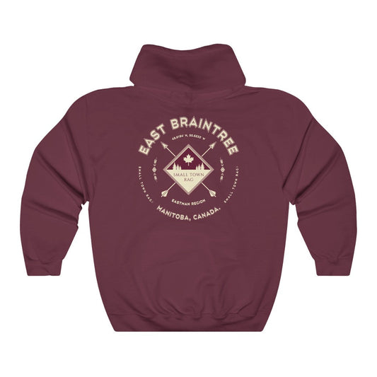 East Braintree, Manitoba.  Canada.  Cream on Maroon, Pull-over Hoodie, Hooded Sweater Shirt, Gender Neutral.-SMALL TOWN RAG
