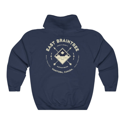 East Braintree, Manitoba.  Canada.  Cream on Navy, Pull-over Hoodie, Hooded Sweater Shirt, Gender Neutral.-SMALL TOWN RAG