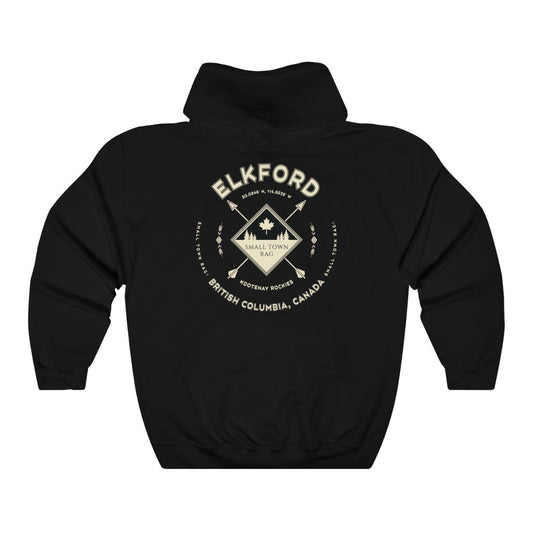 Elkford, British Columbia.  Canada.  Cream on Black, Pull-over Hoodie, Hooded Sweater Shirt, Gender Neutral.-SMALL TOWN RAG
