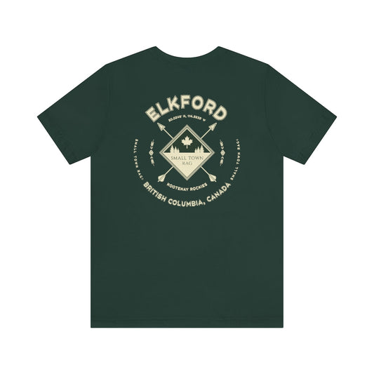 Elkford, British Columbia.  Canada. Cream on Forest Green, Gender Neutral, T-shirt, Designed by Small Town Rag.-SMALL TOWN RAG