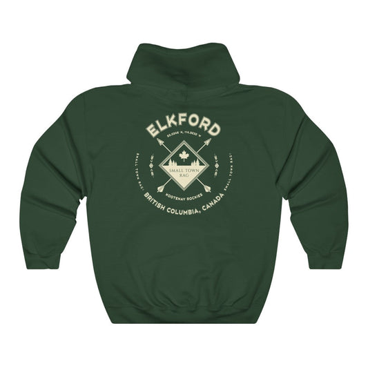 Elkford, British Columbia.  Canada.  Cream on Forest Green, Pull-over Hoodie, Hooded Sweater Shirt, Gender Neutral.-SMALL TOWN RAG