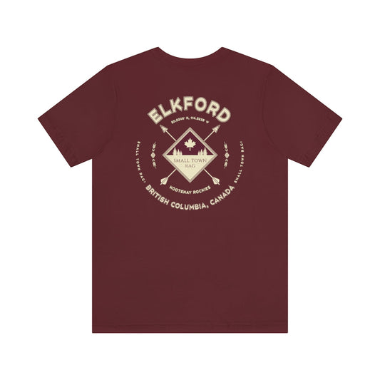 Elkford, British Columbia.  Canada. Cream on Maroon, Gender Neutral, T-shirt, Designed by Small Town Rag.-SMALL TOWN RAG