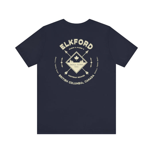 Elkford, British Columbia.  Canada. Cream on Navy, Gender Neutral, T-shirt, Designed by Small Town Rag.-SMALL TOWN RAG