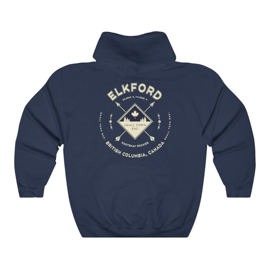 Elkford, British Columbia.  Canada.  Cream on Navy, Pull-over Hoodie, Hooded Sweater Shirt, Gender Neutral.-SMALL TOWN RAG