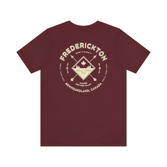 Frederickton, Newfoundland.  Canada. Cream on Maroon, Gender Neutral, T-shirt, Designed by Small Town Rag.-SMALL TOWN RAG
