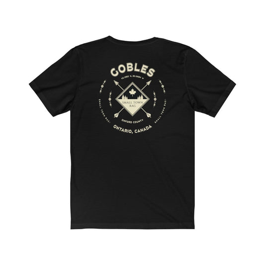Gobles, Ontario.  Canada. Cream on Black, Gender Neutral, T-shirt, Designed by Small Town Rag.-SMALL TOWN RAG