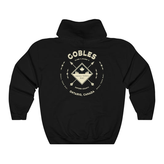 Gobles, Ontario.  Canada.  Cream on Black, Pull-over Hoodie, Hooded Sweater Shirt, Gender Neutral.-SMALL TOWN RAG