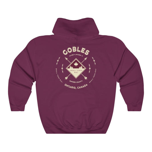 Gobles, Ontario.  Canada.  Cream on Maroon, Pull-over Hoodie, Hooded Sweater Shirt, Gender Neutral.-SMALL TOWN RAG