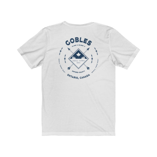 Gobles, Ontario.  Canada. Navy on White, Gender Neutral, T-shirt, Designed by Small Town Rag.-SMALL TOWN RAG