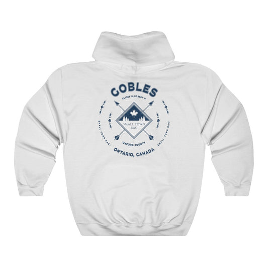 Gobles, Ontario.  Canada.  Navy on White, Pull-over Hoodie, Hooded Sweater Shirt, Gender Neutral.-SMALL TOWN RAG