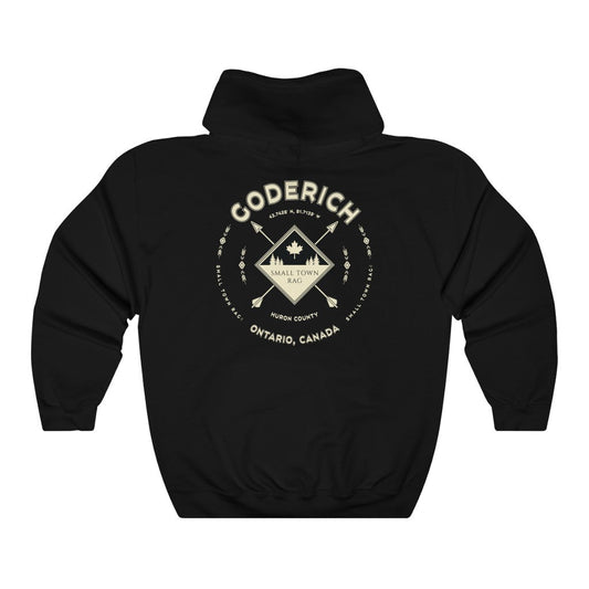 Goderich, Ontario.  Cream on Black, Pull-over Hoodie, Hooded Sweater Shirt, Gender Neutral-SMALL TOWN RAG