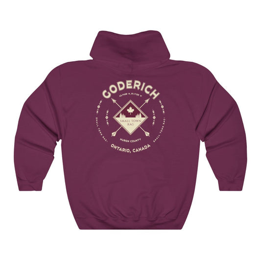 Goderich, Ontario.  Cream on Maroon, Pull-over Hoodie, Hooded Sweater Shirt, Gender Neutral-SMALL TOWN RAG
