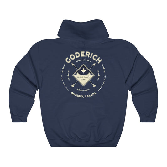 Goderich, Ontario.  Cream on Navy, Pull-over Hoodie, Hooded Sweater Shirt, Gender Neutral-SMALL TOWN RAG