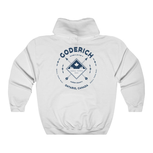 Goderich, Ontario.  Navy on White, Pull-over Hoodie, Hooded Sweater Shirt, Gender Neutral-SMALL TOWN RAG