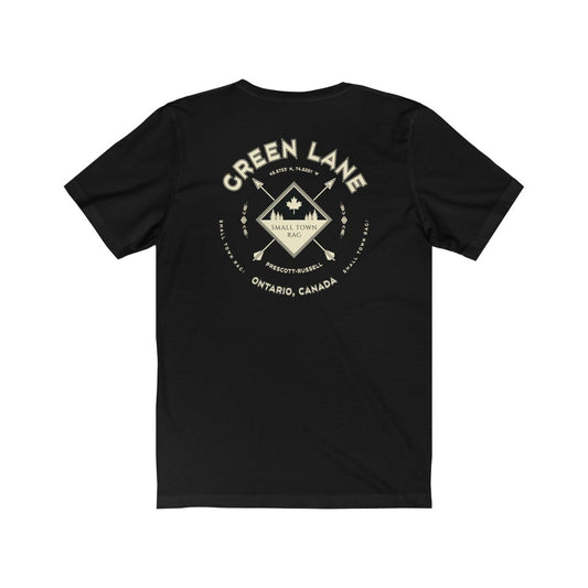 Green Lane, Ontario.  Canada. Cream on Black, Gender Neutral, T-shirt, Designed by Small Town Rag.-SMALL TOWN RAG