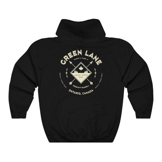 Green Lane, Ontario.  Canada.  Cream on Black, Pull-over Hoodie, Hooded Sweater Shirt, Gender Neutral.-SMALL TOWN RAG