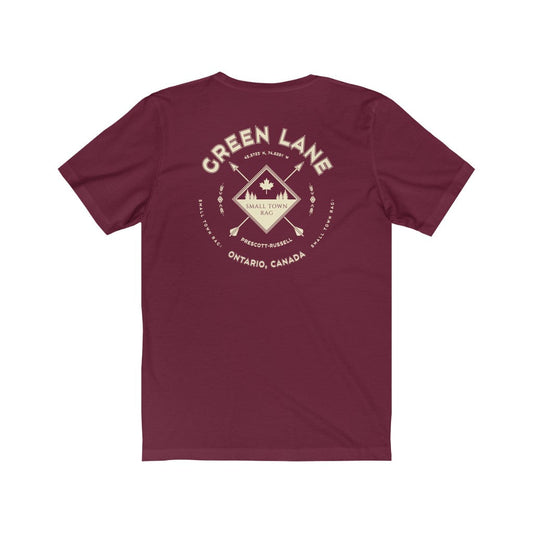 Green Lane, Ontario.  Canada. Cream on Maroon, Gender Neutral, T-shirt, Designed by Small Town Rag.-SMALL TOWN RAG