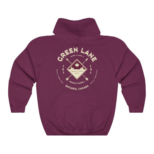 Green Lane, Ontario.  Canada.  Cream on Maroon, Pull-over Hoodie, Hooded Sweater Shirt, Gender Neutral.-SMALL TOWN RAG