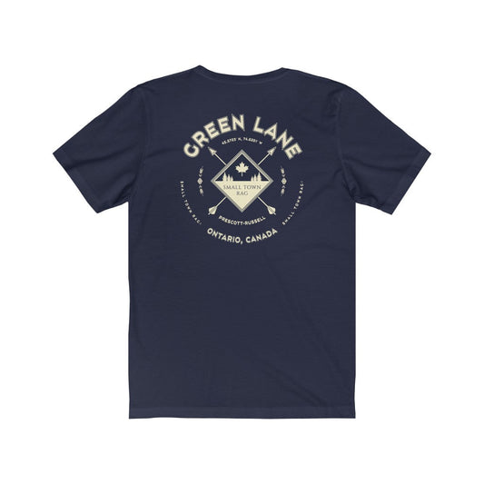 Green Lane, Ontario.  Canada. Cream on Navy, Gender Neutral, T-shirt, Designed by Small Town Rag.-SMALL TOWN RAG