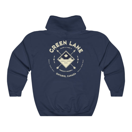Green Lane, Ontario.  Canada.  Cream on Navy, Pull-over Hoodie, Hooded Sweater Shirt, Gender Neutral.-SMALL TOWN RAG