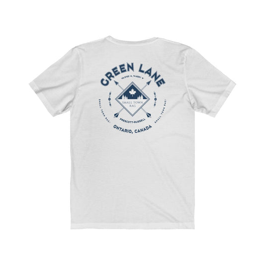Green Lane, Ontario.  Canada. Navy on White, Gender Neutral, T-shirt, Designed by Small Town Rag.-SMALL TOWN RAG