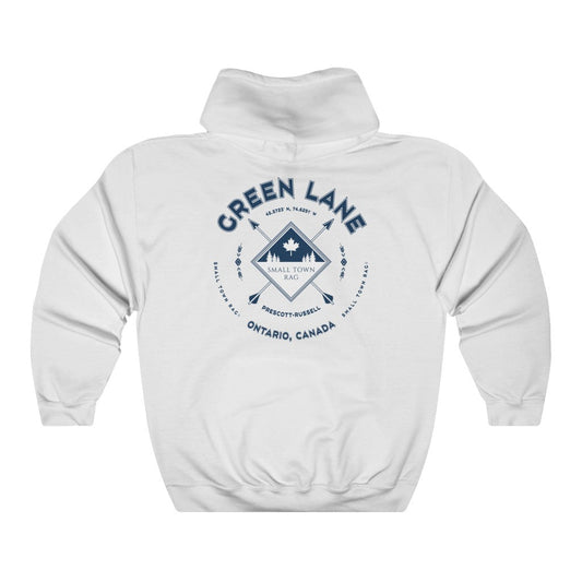 Green Lane, Ontario.  Canada.  Navy on White, Pull-over Hoodie, Hooded Sweater Shirt, Gender Neutral.-SMALL TOWN RAG