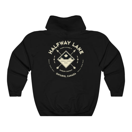 Halfway Lake, Ontario.  Canada.  Cream on Black, Pull-over Hoodie, Hooded Sweater Shirt, Gender Neutral.-SMALL TOWN RAG