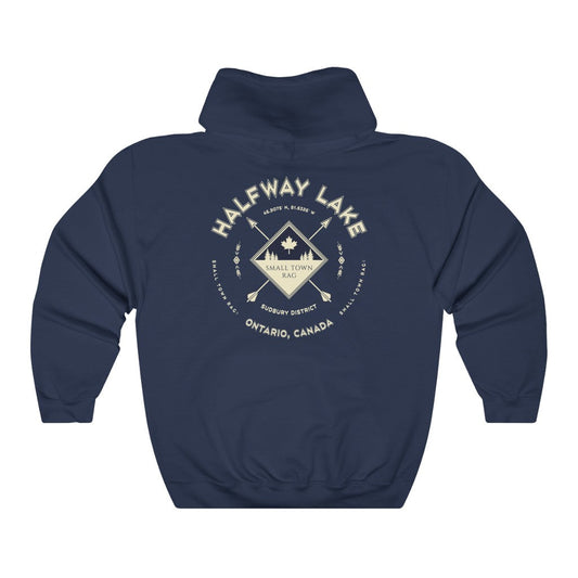 Halfway Lake, Ontario.  Canada.  Cream on Navy, Pull-over Hoodie, Hooded Sweater Shirt, Gender Neutral.-SMALL TOWN RAG