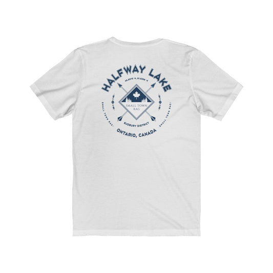 Halfway Lake, Ontario.  Canada. Navy on White, Gender Neutral, T-shirt, Designed by Small Town Rag.-SMALL TOWN RAG