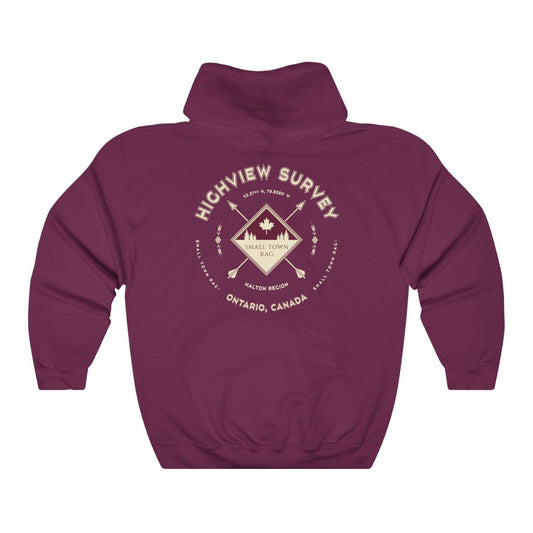 Highview Survey, Ontario.  Canada.  Cream on Maroon, Pull-over Hoodie, Hooded Sweater Shirt, Gender Neutral.-SMALL TOWN RAG