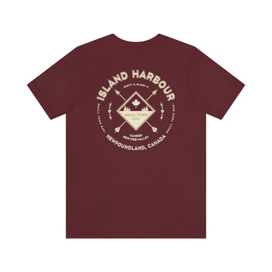Island Harbour, Newfoundland.  Canada. Cream on Maroon, Gender Neutral, T-shirt, Designed by Small Town Rag.-SMALL TOWN RAG