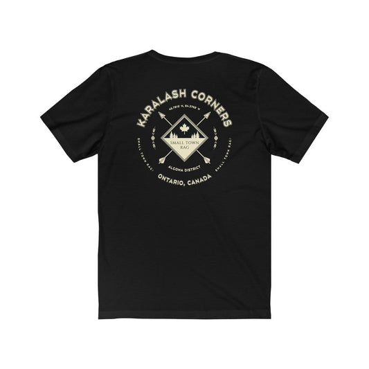 Karalash Corners, Ontario.  Canada. Cream on Black, Gender Neutral, T-shirt, Designed by Small Town Rag.-SMALL TOWN RAG